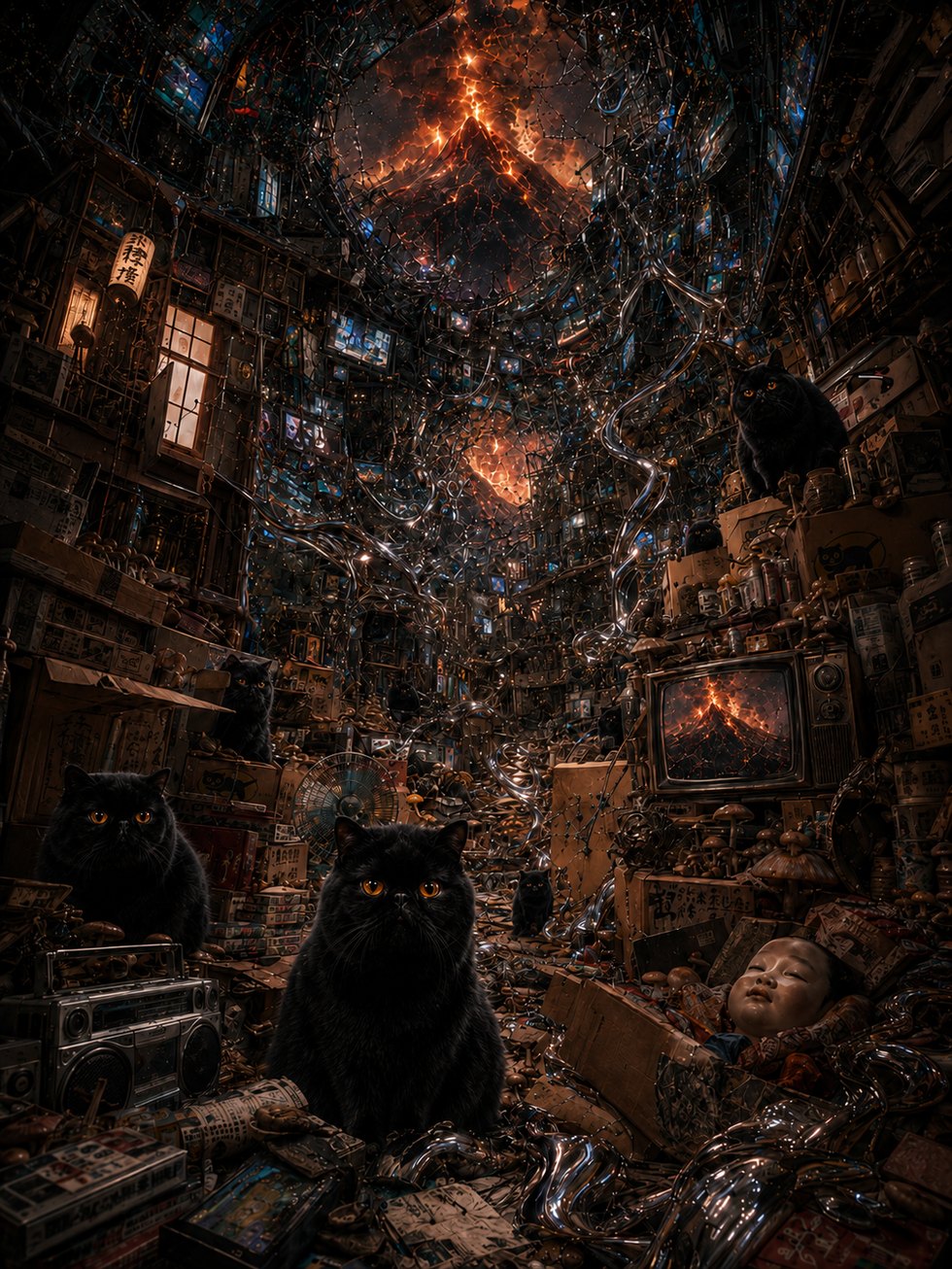 無数のブラウン管と黒猫たちの部屋、天井の裂け目に火山