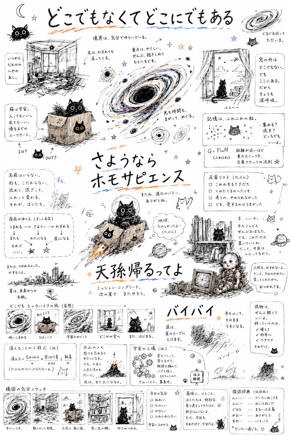 どこでもなくてどこにでもある — 黒猫と段ボール箱のスケッチ